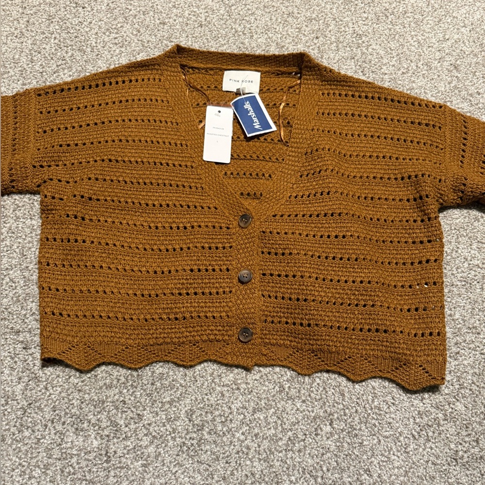 Pink Rose Brown Crochet Knit Cardigan